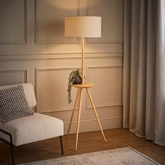ValueLights Desmond Scandinavian Wooden Tripod Floor Lamp with Beige Fabric Cylinder Shade