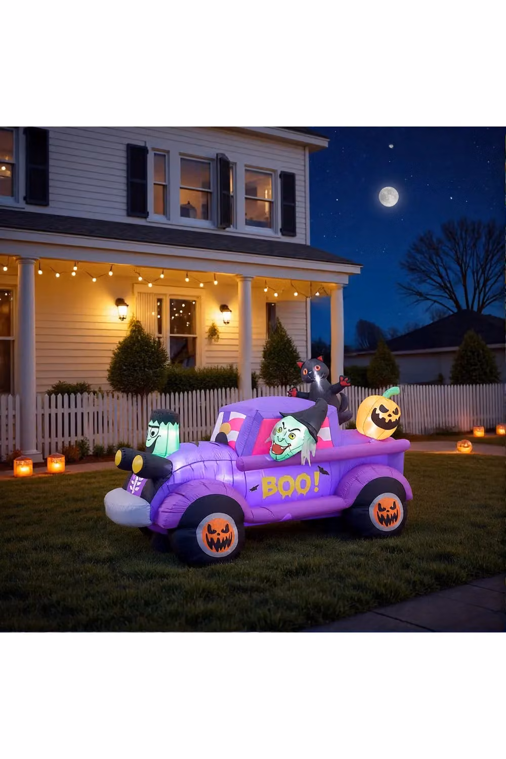 Living and Home Halloween Light-Up Inflatable Car with Witch, Frankenstein, Black Cat and Pumpkin Outdoor Yard Decoration, Multicolour, W/D/H: 227 x 80 x 155 cm – 2