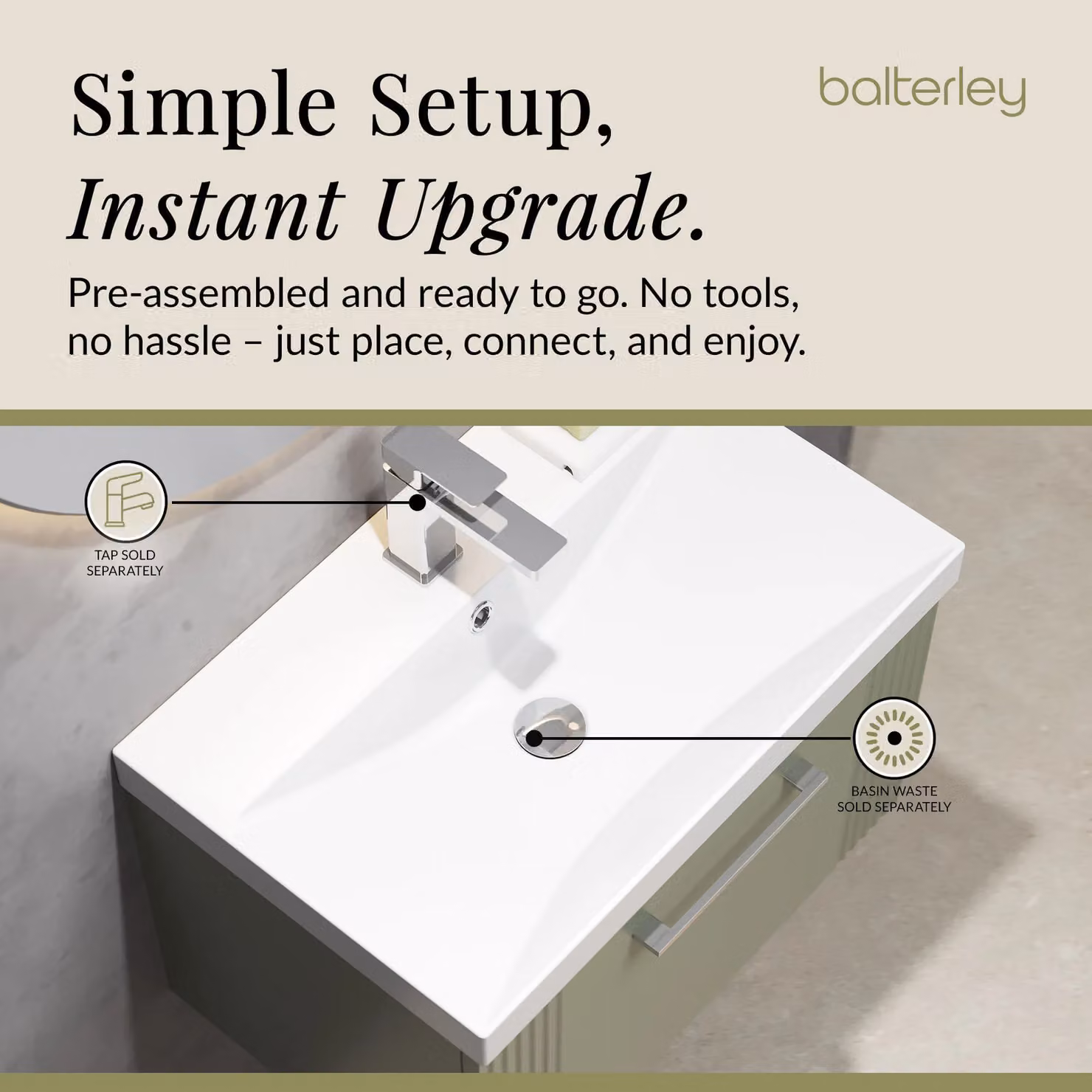 Balterley Wall Hung 1 Drawer Vanity Unit with Thin-Edge Basin, Satin Green, W: 60 cm, D: 37.7 cm, H: 60 cm – 3