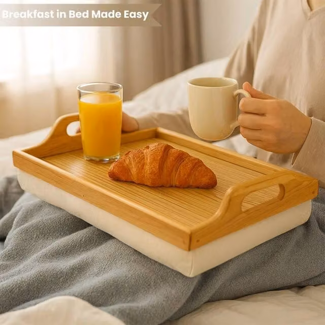 EONLION Wooden Lap Serving Tray with Bean Bag Cushion in Brown, Width: 100 cm