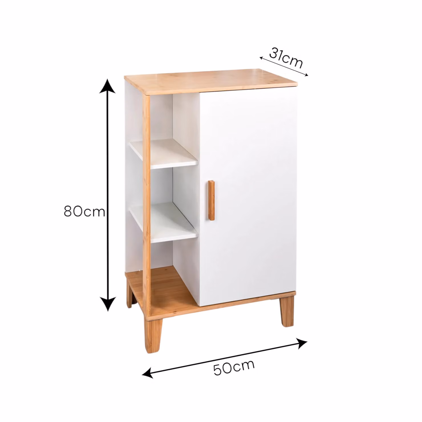 Showerdrape Varallo Matt White and Bamboo Freestanding Bathroom Floor Cabinet with Internal Shelves and Hinged Doors – 3