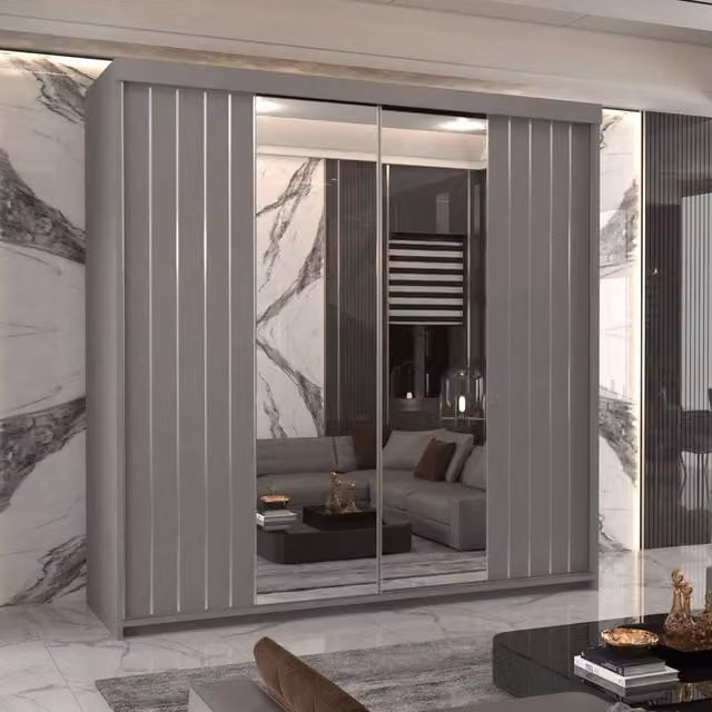 MN Furniture Merida Modern Sliding Wardrobe with Mirror and Integrated LED Lighting, Grey, W: 200 cm, H: 217 cm