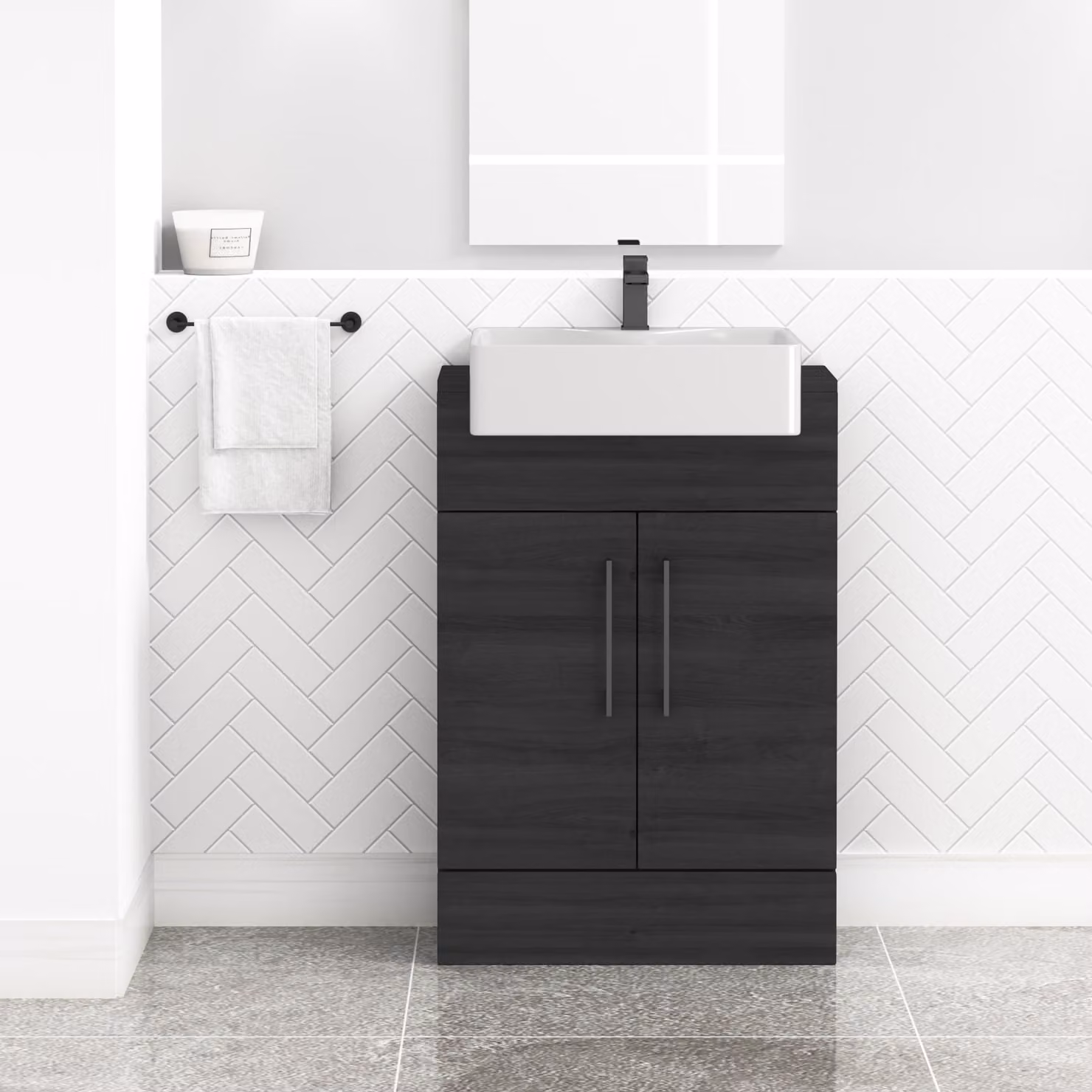 Royal Bathrooms Elena 600mm Hale Black Floor Standing Bathroom Vanity Unit with 2 Soft Close Doors and Semi Recessed Basin