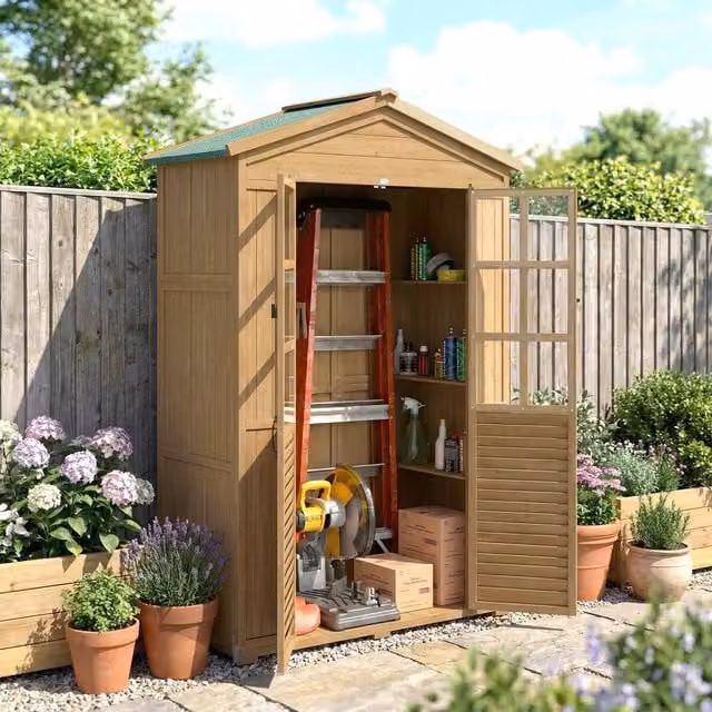 OUTSUNNY Brown Tall Outdoor Storage Cabinet with Glass Hinged Doors, H 197.0 x W 121.0 x D 50.5 cm – 1