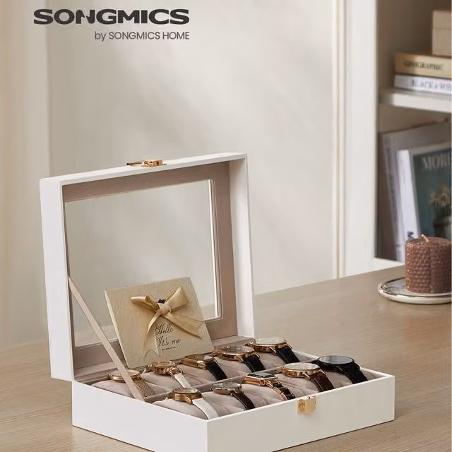 SONGMICS 10-Slot Watch Organiser Case with Glass Lid, White