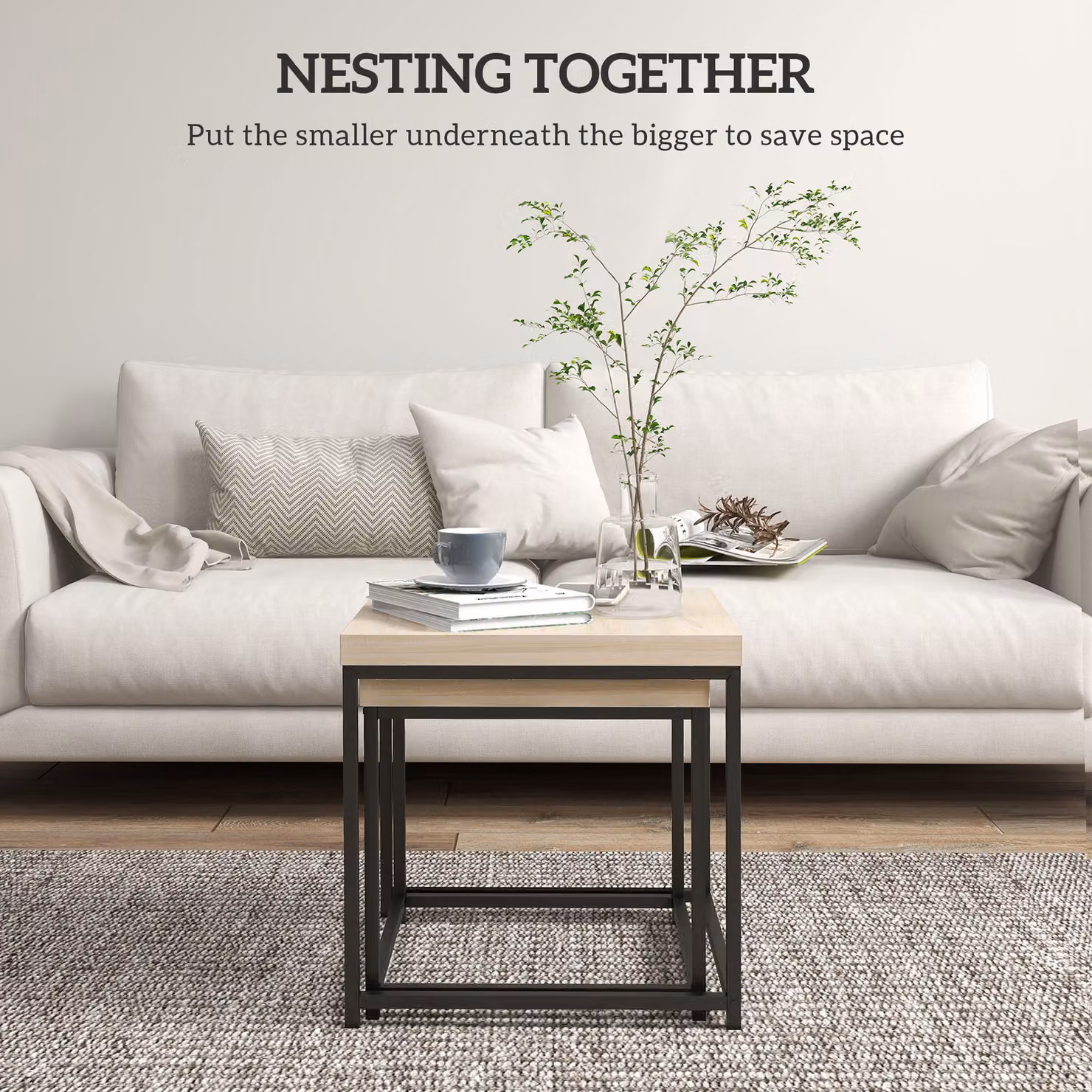 HOMCOM Nest of 2 Coffee Tables in Oak with 3.5cm Thick Composite Tops – 4