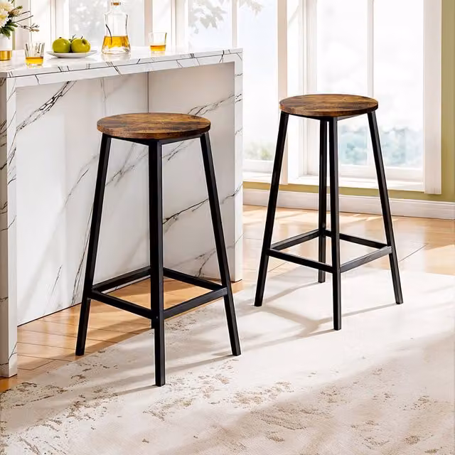 Komore Set of 2 Industrial Black Bar Stools with Metal Frame and MDF Seats