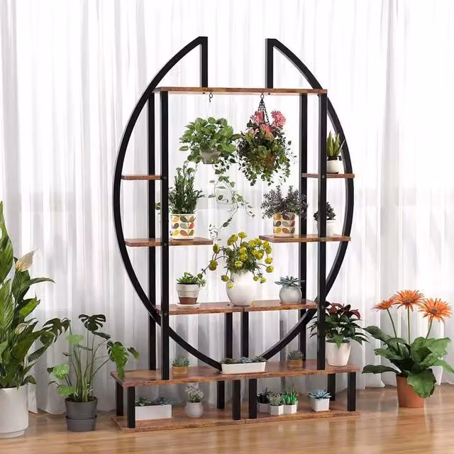 Livingandhome Set of 2 Modern Crescent Metal Plant Stands in Black and Brown