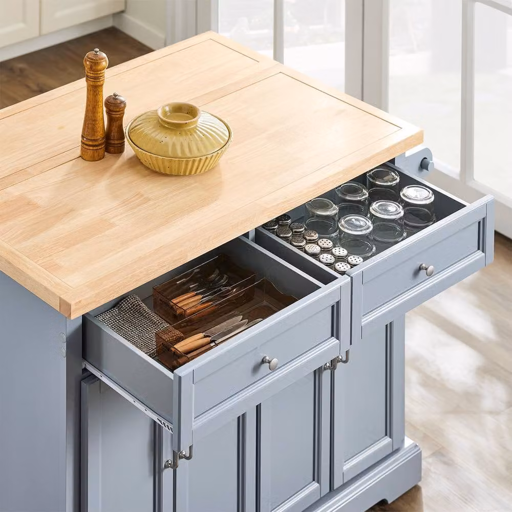 SoBuy Mobile Drop-Leaf Kitchen Island Breakfast Bar in Grey with 2 Drawers and Internal Shelves – 3