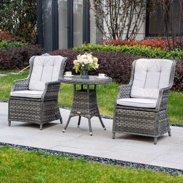 Direct Wicker Grey Rattan Bistro Set with Round Glass Top Table and 2 Armchairs for Garden or Balcony