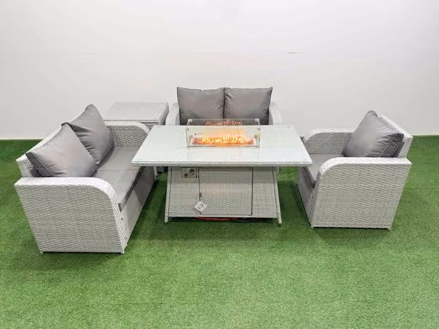 Fimous High Back Poly Rattan Garden Furniture Set in Light Grey with Reclining Chair, Loveseat Sofa, Firepit Dining Table and Side Table