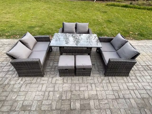 Fimous Wicker PE Rattan Garden Furniture Set with Oblong Dining Table and Double Seat Sofa in Dark Grey Mixed