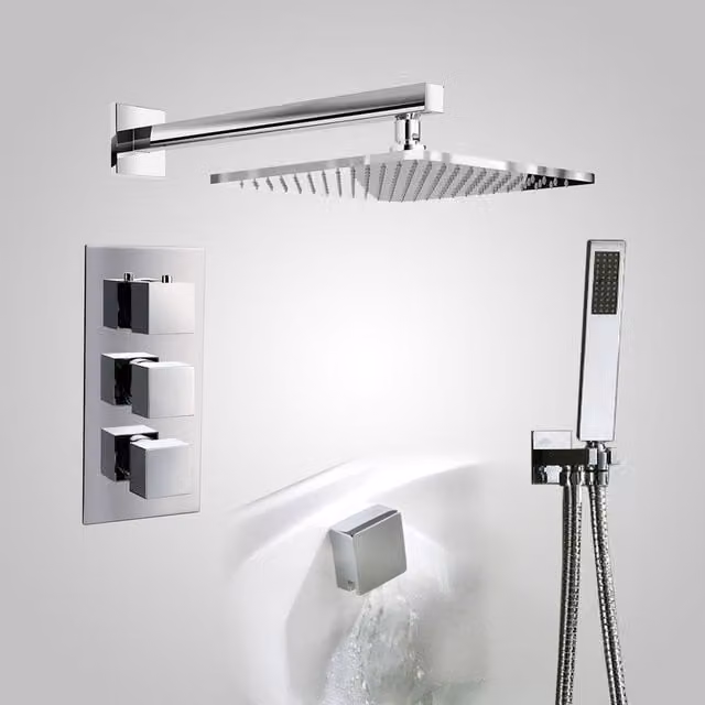 Nes Home 3 Dial 3 Way Square Concealed Thermostatic Mixer Valve with Square Handset, Bath Filler and Shower Head in Chrome Metallic Silver