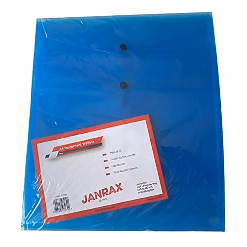 Janrax Pack of 60 Blue A4 Plastic Document Wallets with Snap Button Studs