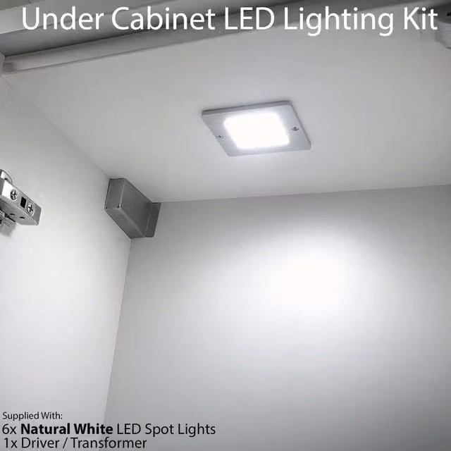 Loops 6x Aluminium Ultra-Slim Square Under Cabinet Kitchen LED Light and Driver Kit in White