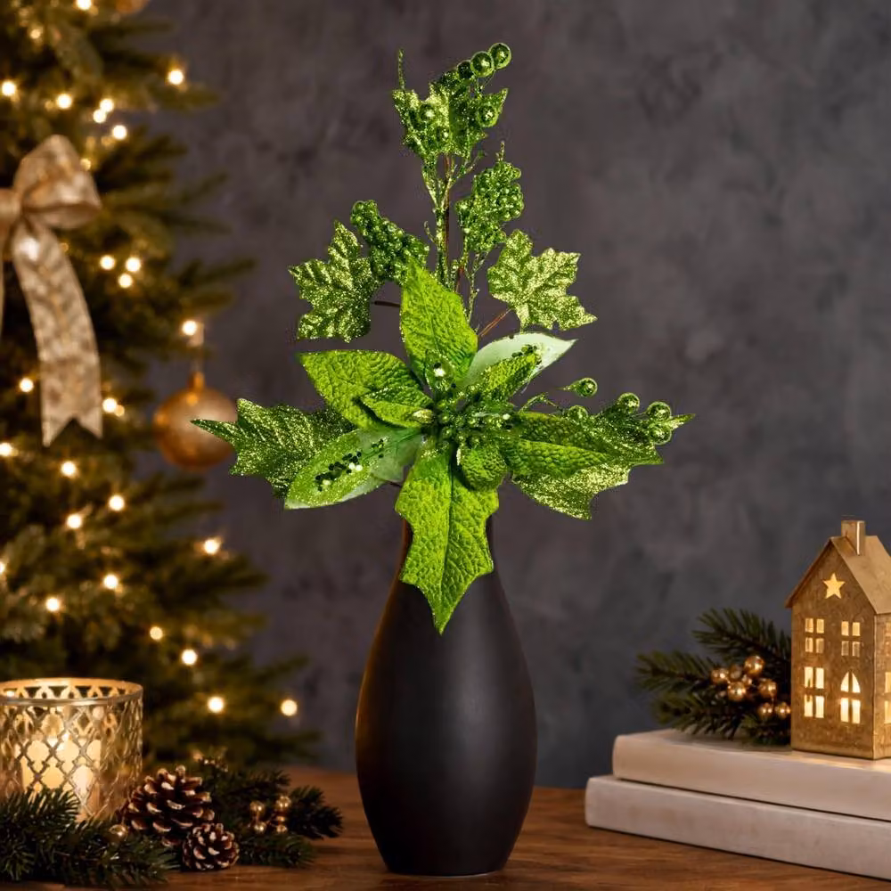 Shatchi Green Glitter Poinsettia and Berry Christmas Picks, 6 Pack, Height: 46 cm – 2