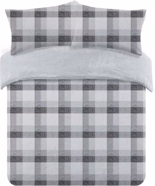 OHS Grey Checked Teddy Fleece Duvet Cover and Pillowcase Set, W: 140 cm, L: 200 cm – 1