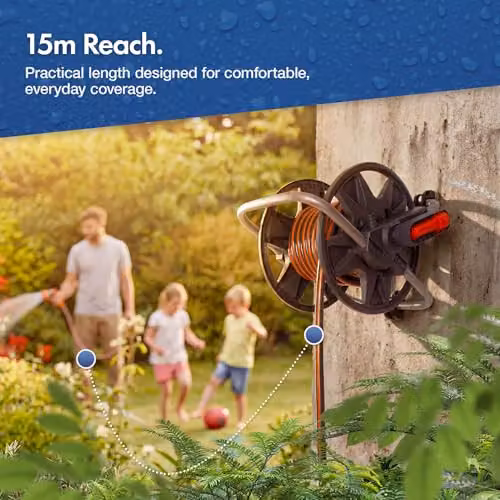 Vonhaus 2-in-1 Garden Hose Reel with 15m Hose, 8-Pattern Spray Nozzle and 1/2" and 3/4" Fittings, Grey and Orange – 2