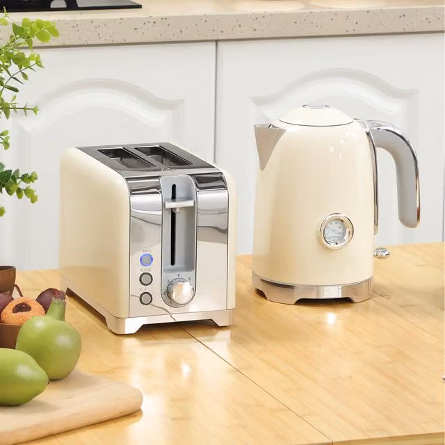 HOMCOM Kettle and Toaster Set with Temperature Gauge and Crumb Tray in Beige and Silver