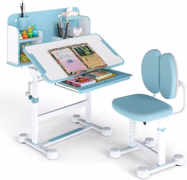 Gymax Height-Adjustable Tilting Study Desk and Chair Set for Children in Baby Blue – 1