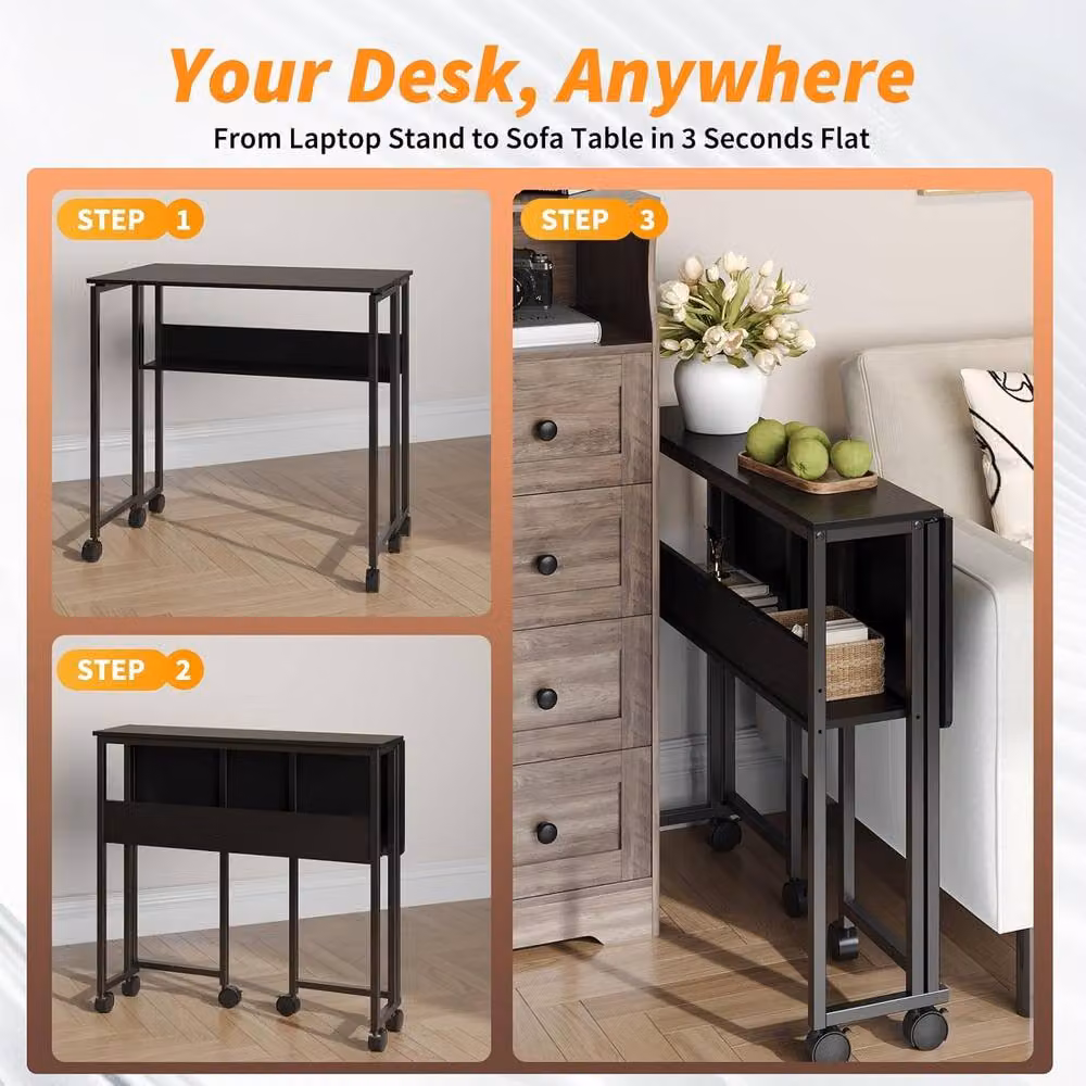 London Boutique Folding Computer Desk with Storage Shelf and Castors, Black – 2