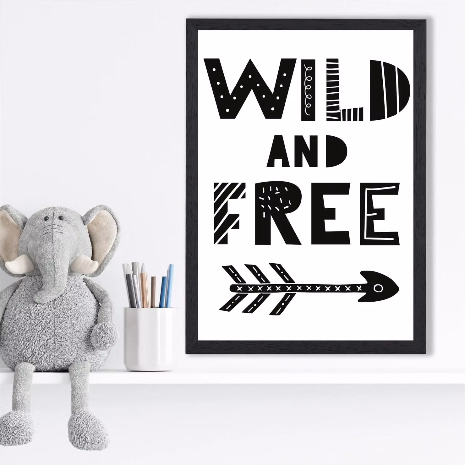 ARTZE Wild and Free Scandi Quote Framed Typography Print, Black Frame, A2