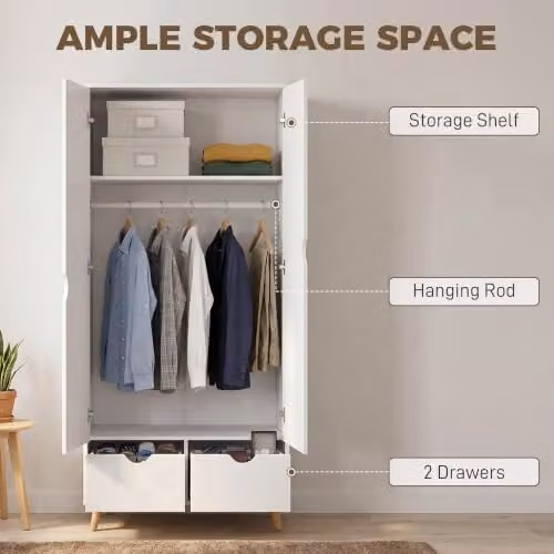 HOMCOM 2-Door Clothes Wardrobe with Hanging Rail, Internal Shelves and 2 Drawers, White, H 180 x W 80 x D 40 cm – 3