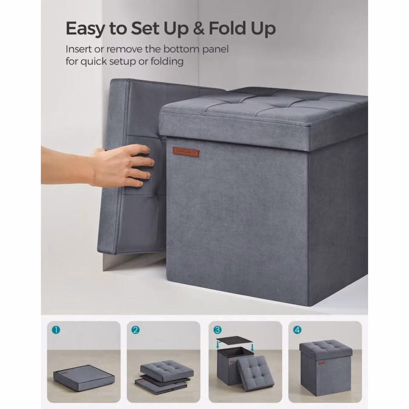 SONGMICS Small Square Foldable Storage Ottoman Foot Rest in Grey Velvet Fabric – 3