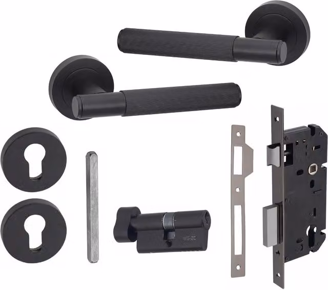 Golden Grace Linear T-Bar Euro Lock Door Handle Set with Thumbturn in Matt Black