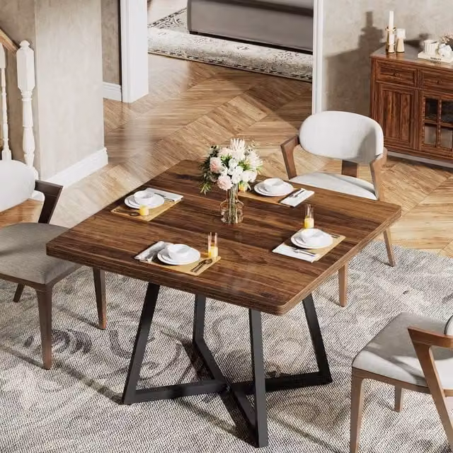 PAWNORA Square Industrial Wood and Metal Dining Table for 4 in Brown and Black