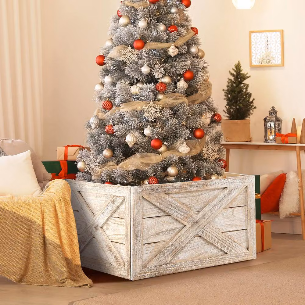 Gymax Solid Wood Vintage Christmas Tree Collar Box in Light Brown – 7