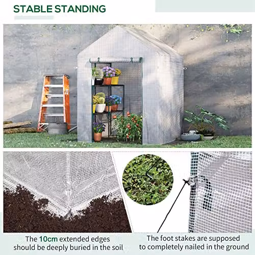 Outsunny Portable Walk In Greenhouse with 2 Tier Shelf, White or Green, W/D/H: 143 x 143 x 195 cm – 3