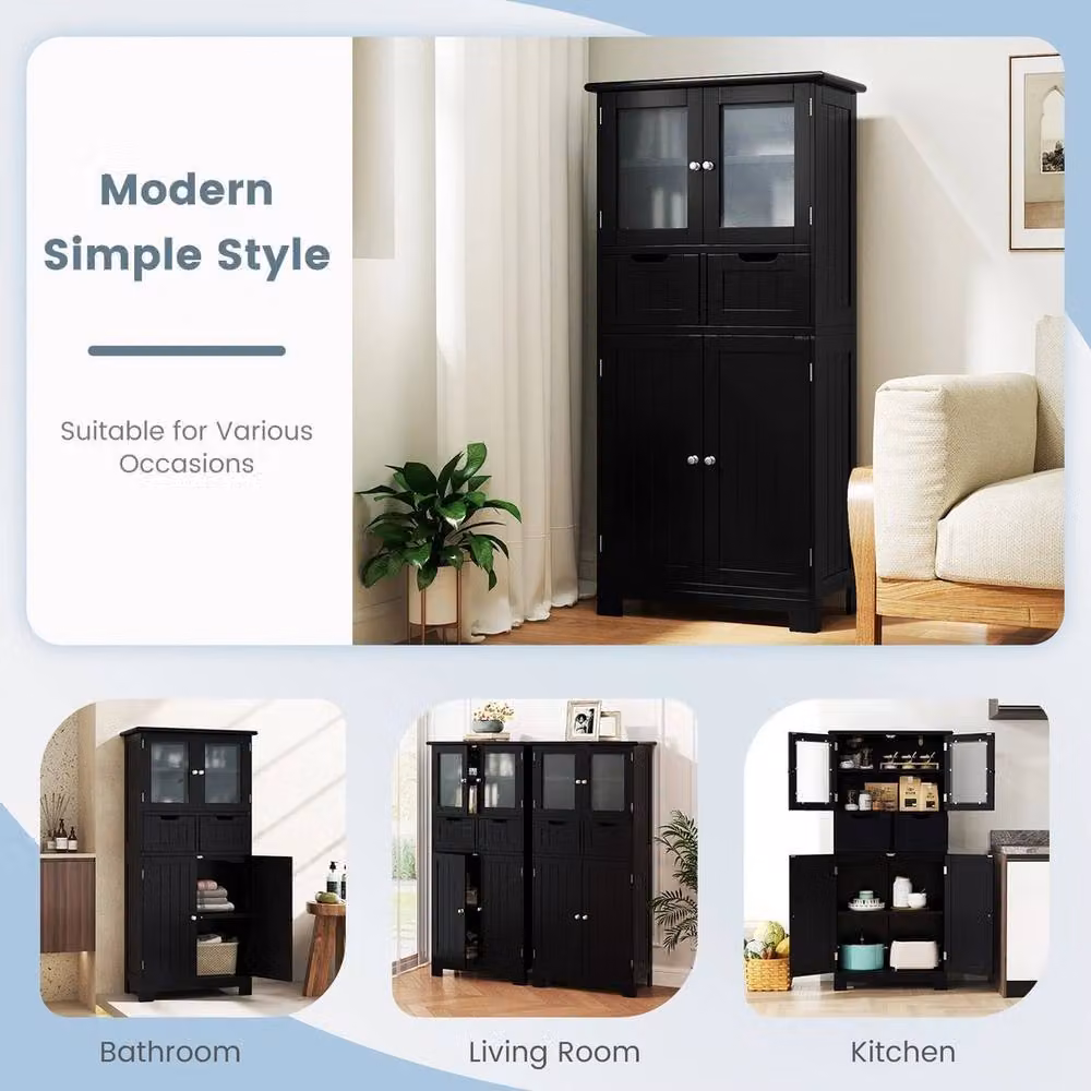 FORGEVIO Modern Freestanding Tall Bathroom Storage Cabinet in Black with Glass Doors and Internal Drawers, H: 128 cm, W: 60 cm, D: 25 cm – 5