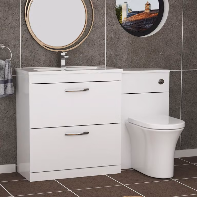 Royal Bathrooms Gloss White 2 Drawer Furniture Pack with Minimalist Basin and Breeze Back to Wall Toilet, W: 130 cm
