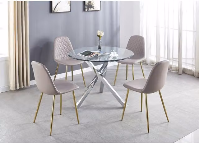 FurnitureboxUK Selina Chrome Round Glass Dining Table with Four Corona Gold Chairs in Cappuccino