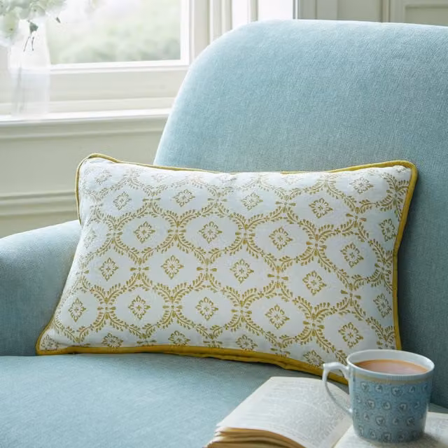 Laura Ashley Norton Filled Boudoir Cushion, Ochre Yellow and White, W: 50 cm, H: 30 cm