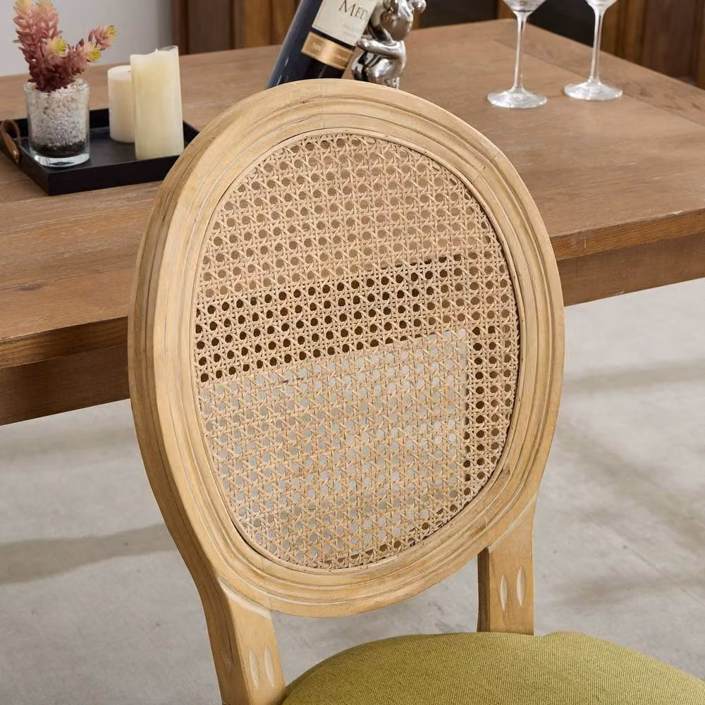 HomeTouch Set of 6 French Style Rattan Back Dining Chairs in Light Green with Linen Fabric – 3