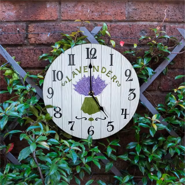 St Helens & Home Garden Rustic Lavender Design Round Wall Clock, White, Diameter: 27 cm