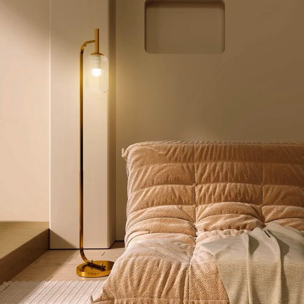 VOGREX Modern Gold Floor Lamp with Transparent Glass Cylinder Shade and Foot Switch – 3