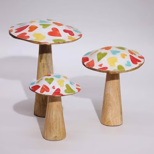 Serenityy Large Multicolour Wooden Mushroom Tabletop Ornament with Pastel Hearts – 2
