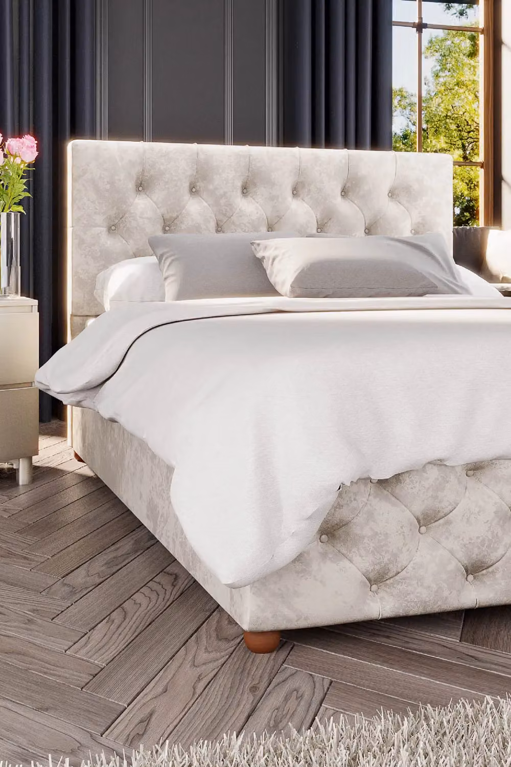 Laurence Llewelyn-Bowen Luna Ottoman Storage Bed in White Mirazzi Velvet Fabric, King Size – 3