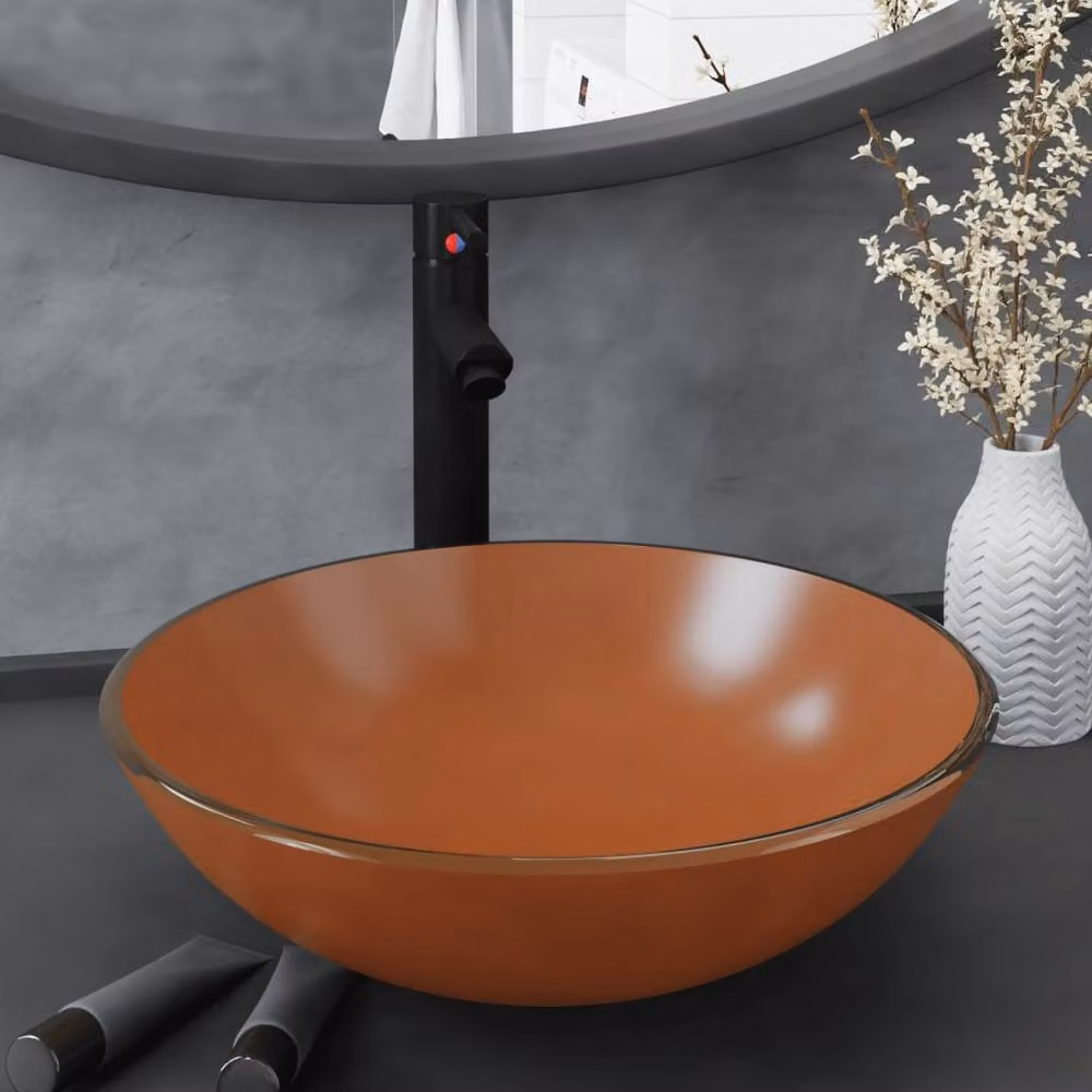 Berkfield Home Round Brown Tempered Glass Countertop Bathroom Sink with Tap and Push Drain – 2