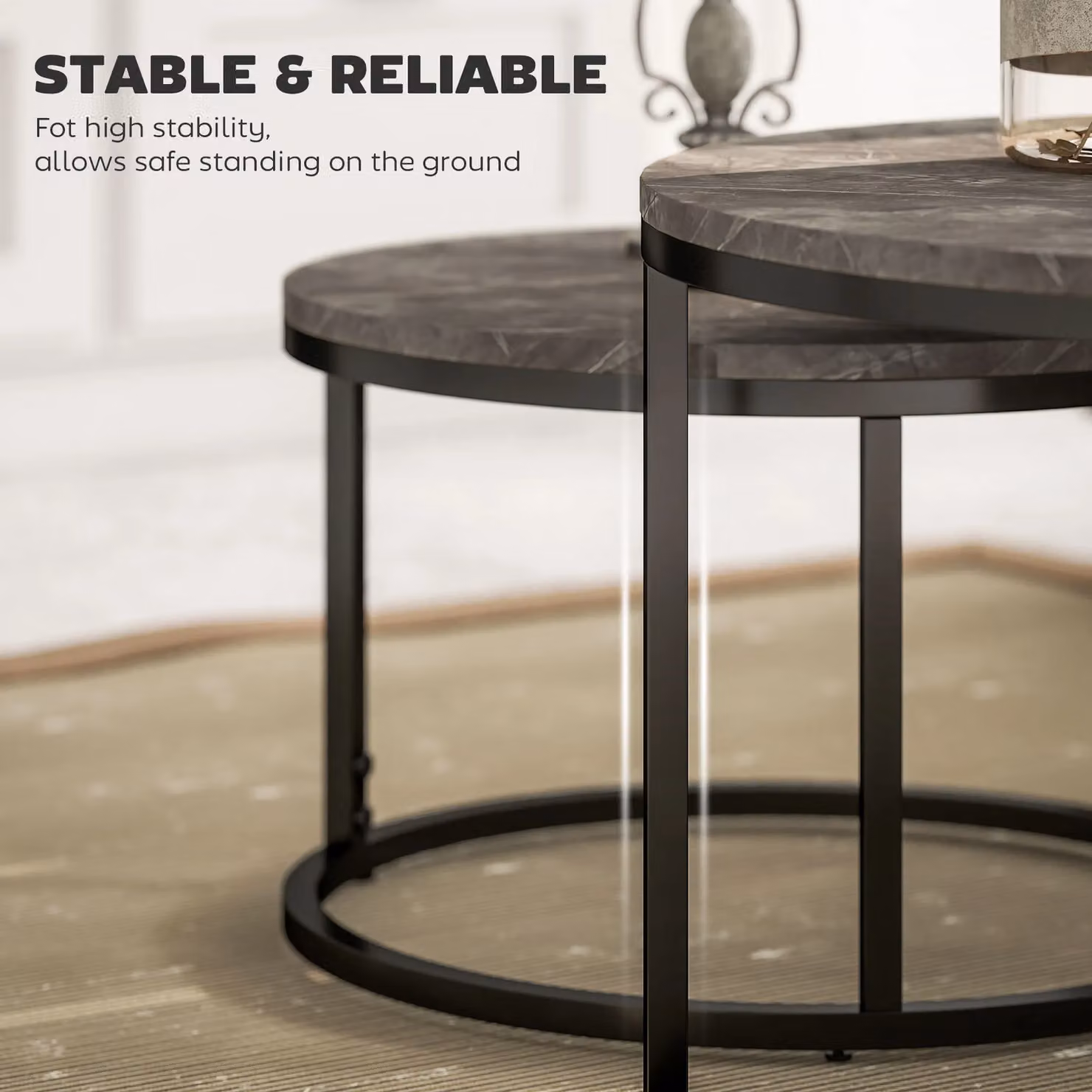HOMCOM 2 Piece Nested Stacking Coffee Table Set with Dark Grey Marble-Effect Composite Tops and Steel Frame – 6