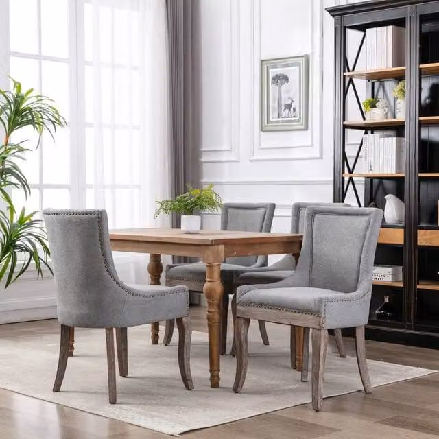 HomeTouch Set of 4 Bewley Grey Plush Linen Upholstered Dining Chairs with Oak Wood Legs – 1
