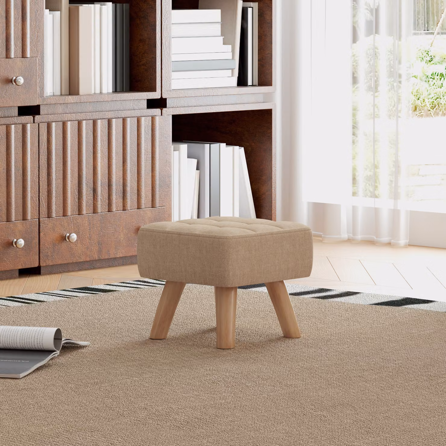 HOMCOM Modern Tufted Fabric Footstool with Rubberwood Legs in Light Brown – 2