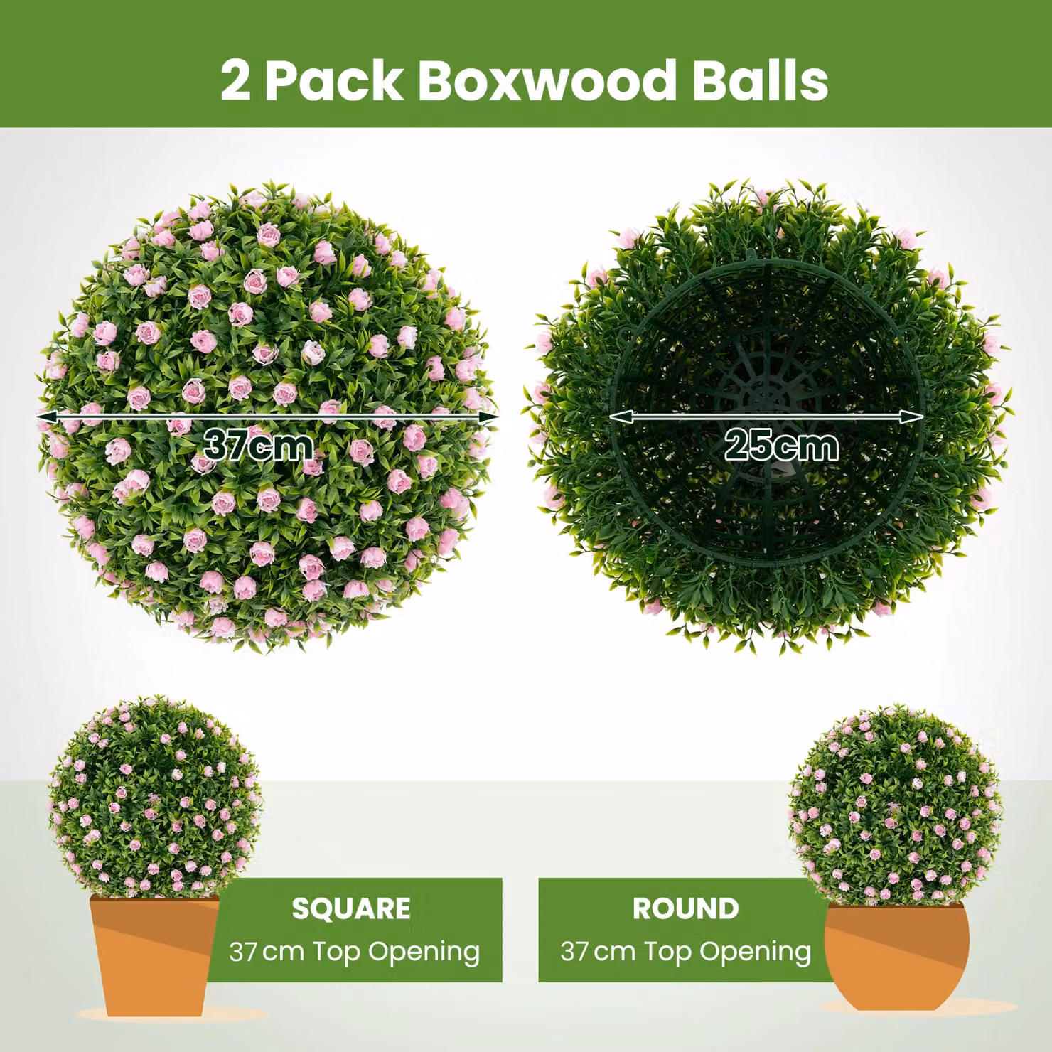 Costway 2 Pack Artificial Pink Flower Topiary Balls in Green, 37 cm Diameter – 3