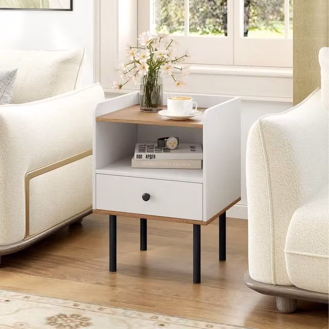 COSTWAY Modern Square Sofa Side Table in White with Wood and Metal Four-Leg Design