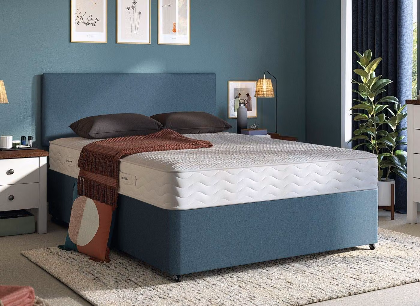 Dreams Classic Blue Upholstered Fabric Foam Bed Set for Adults