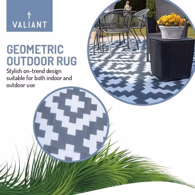 FLAVORA Grey Geometric Round Outdoor Rug for Patio and Terrace, Diameter: 100 cm