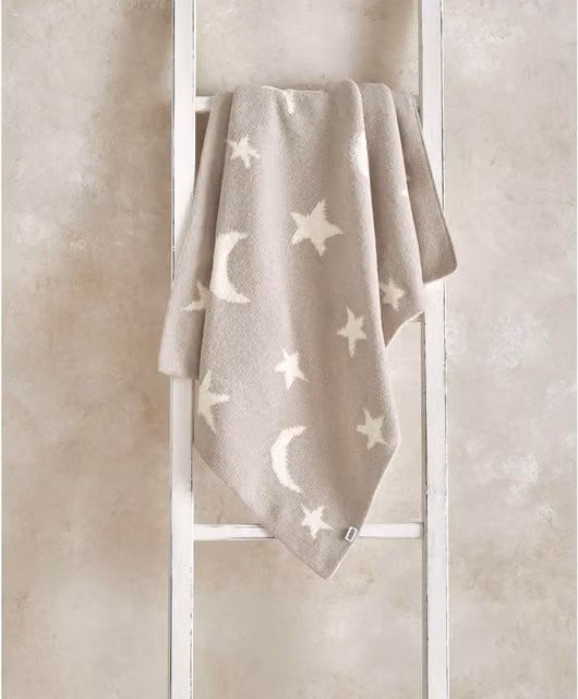 Mamas & Papas Chenille Blanket in Beige with Moon and Star Design